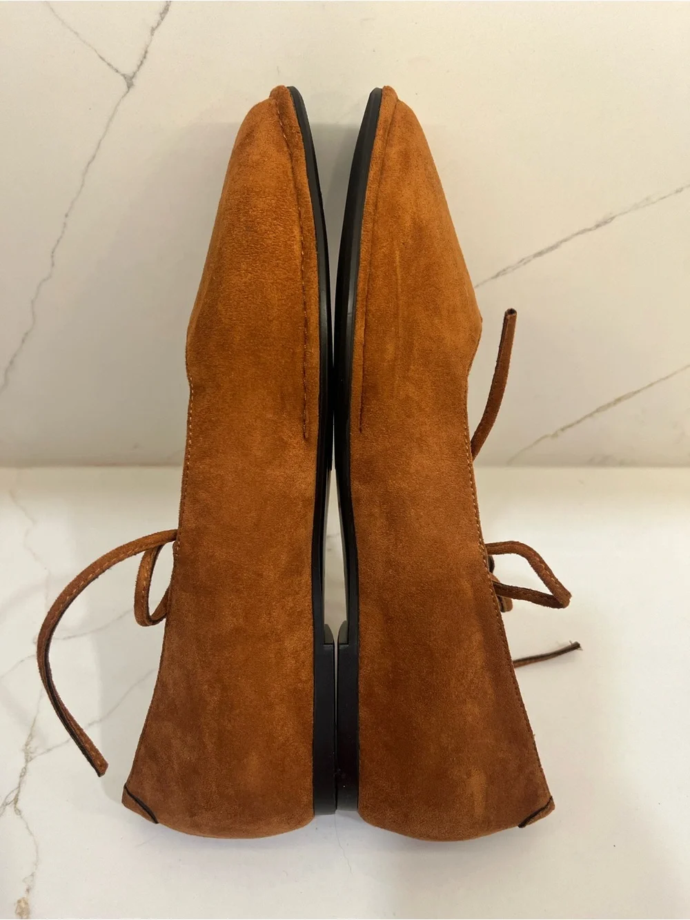 NWOT SUIARA Cognac Suede Square Toe Lace-Up Ballet Flats
